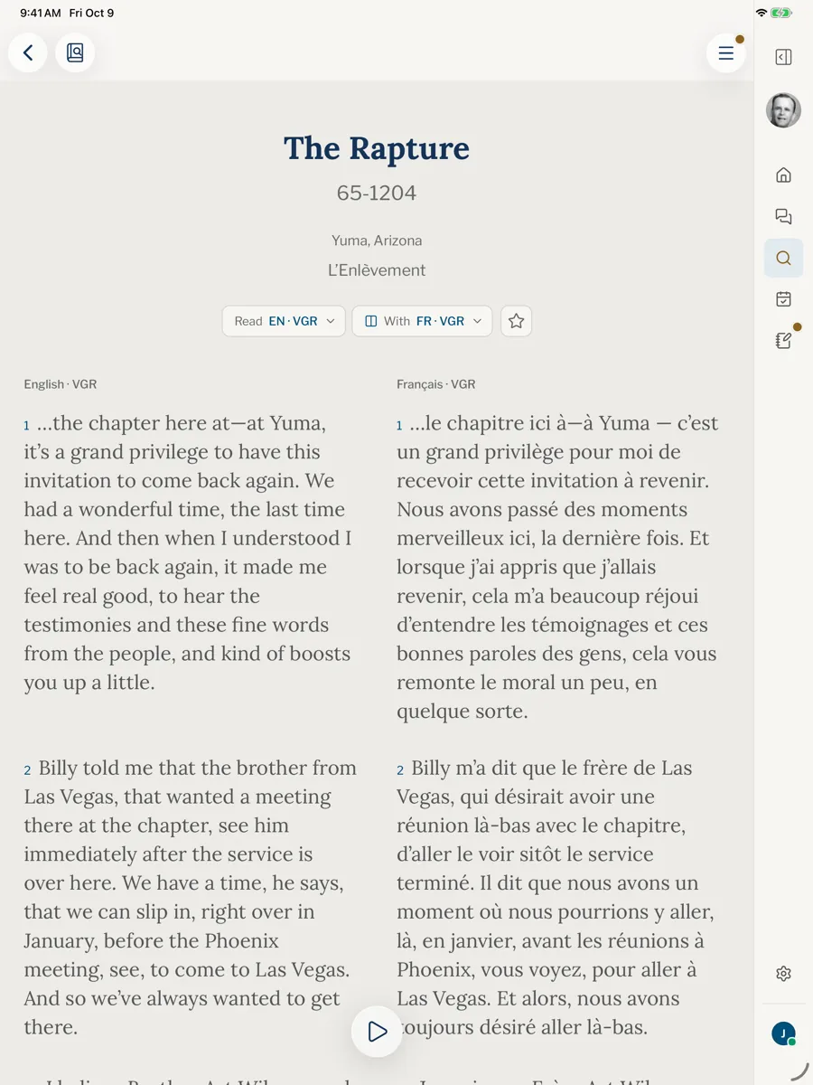 An iPad with the English and French texts of one sermon in two columns, each headed by its language and version.