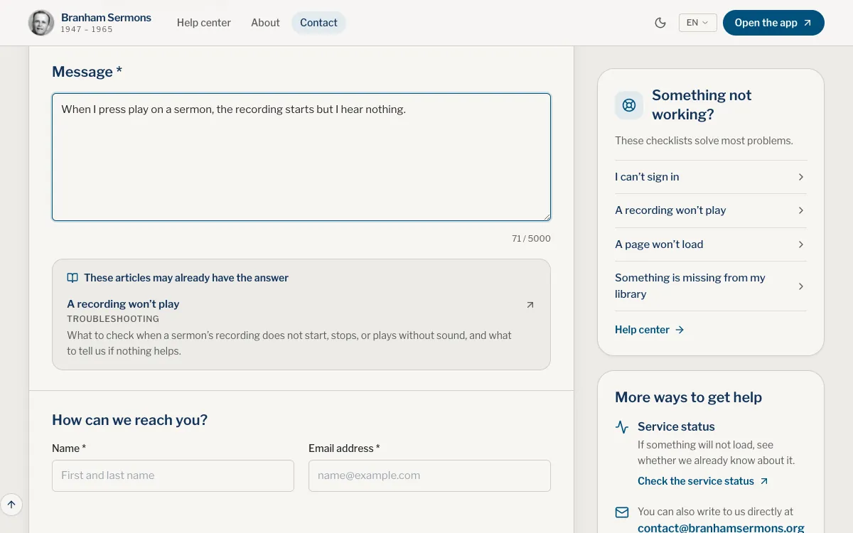The Contact page: a message about a recording that plays without sound, the article that may already have the answer under it, then Name and Email address, with the checklists beside them.