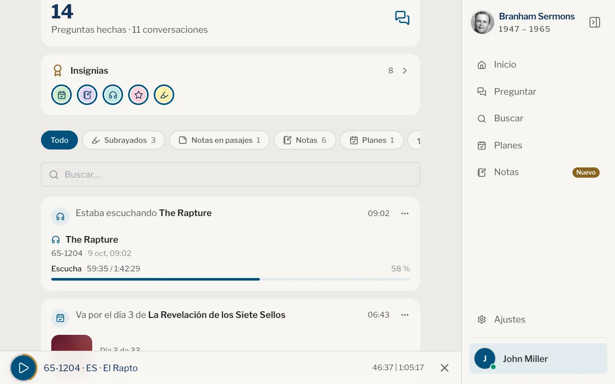 La página Tú en el sitio web, con las pestañas que reducen la lista a un solo tipo de elemento.