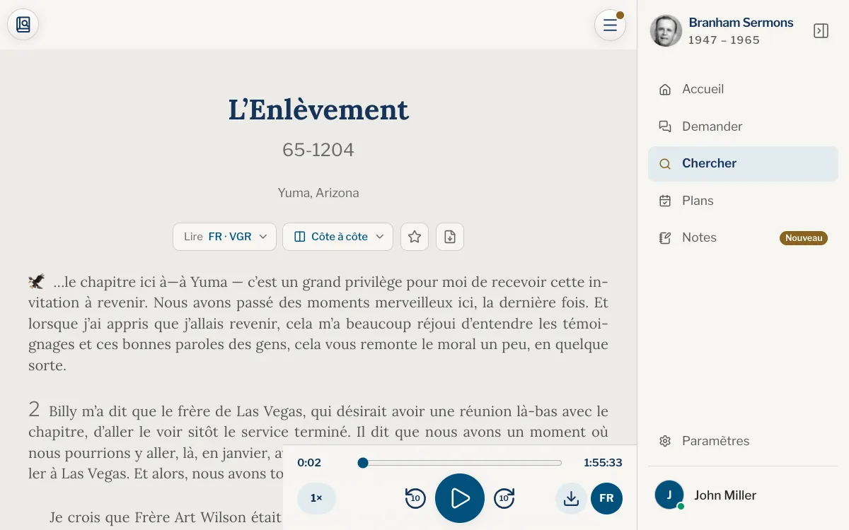 Le lecteur ouvert au bas d’une page de prédication : la barre avec le temps écoulé et le temps restant, les sauts et le bouton de lecture, la vitesse et le code de langue.