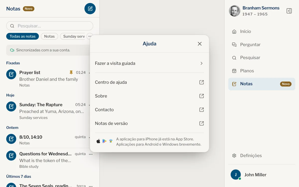 A janela Ajuda com Fazer a visita guiada, Centro de ajuda, Sobre, Contacto e Notas de versão.
