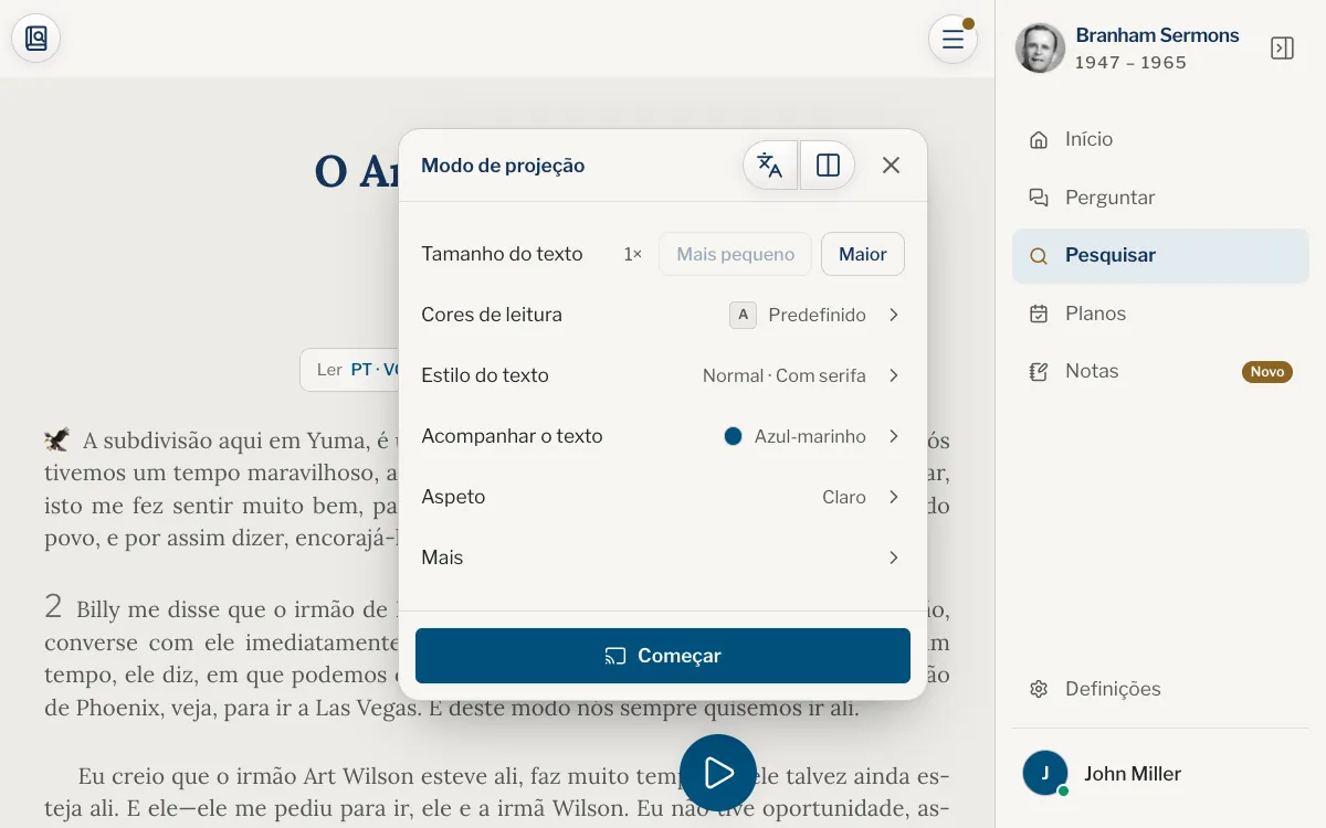 A janela de definições do modo de projeção aberta sobre um sermão, com Começar em baixo.