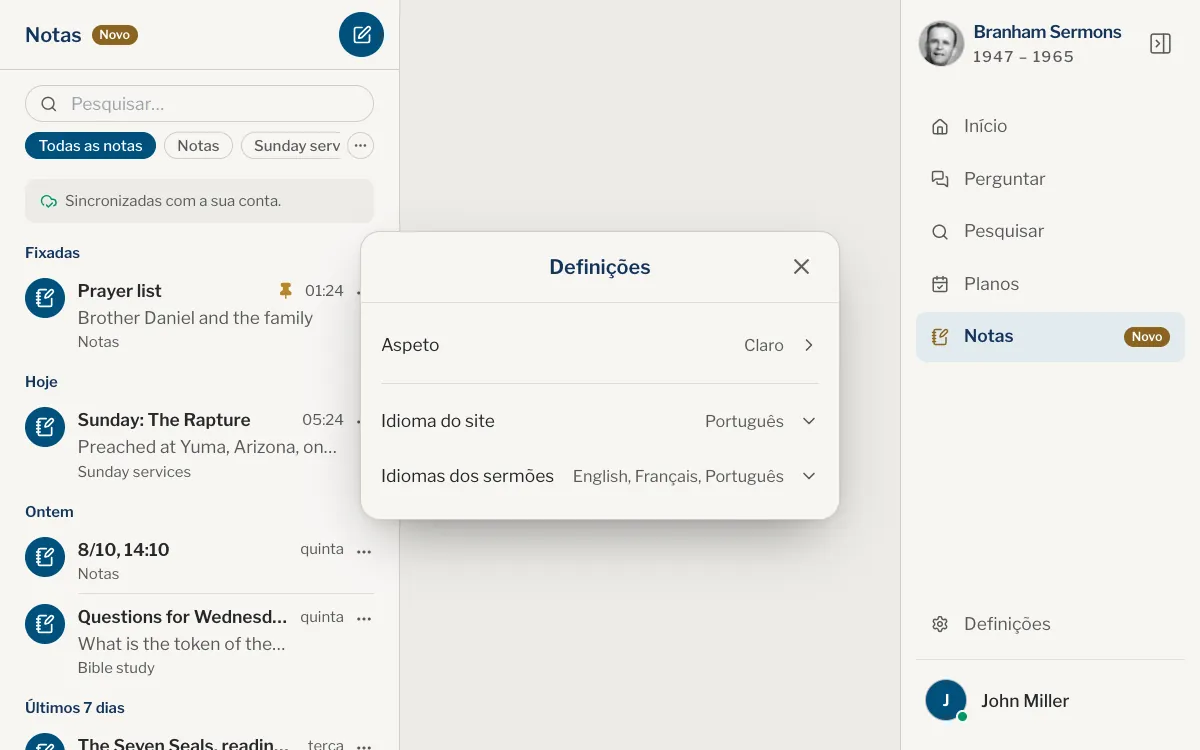 A janela Definições: Idioma do site, Idiomas dos sermões e Aspeto, e depois Lembretes e Sermões neste dispositivo.